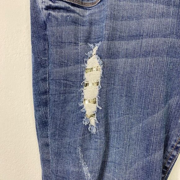 Torrid Medium Wash Distressed Ripped Patched Gold Sequin Skinny Jeans Size 20 - Picture 3 of 7